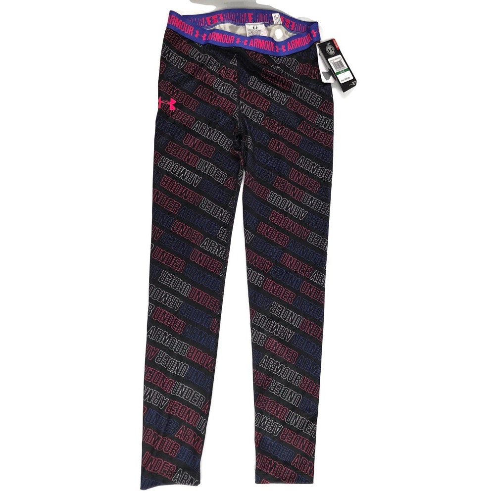Under Armour Leggings Girls Large Black HeatGear Logo‎ Print Compression UPF30